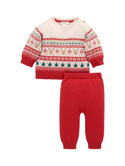 Purebaby Baby Knitted Christmas Jumper and Leggings Set, Red, Red