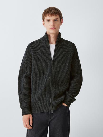 forét Delta Zip Front Wool Cardigan, Dark Grey Melange, Dark Grey Melange