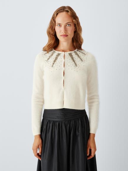 John Lewis x RIXO Geneva Pure Cashmere Embellished Cardigan, White