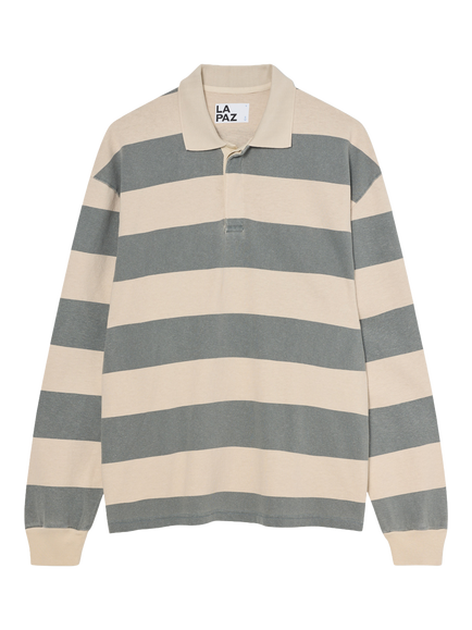 La Paz Sequeira Long Sleeve Stripe Polo Top, Green/Beige, Green/Beige