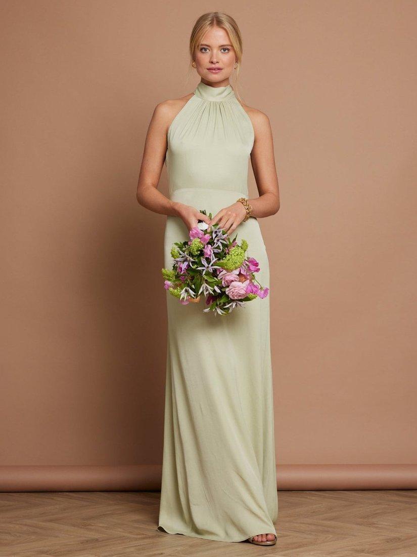 high neck sage green bridesmaid dress Maids to Measure Tilly Scarf Satin Dress, COLOR:Deep Green High Waist 2024 prom dress trends Formal Sparkle Long Sleeve