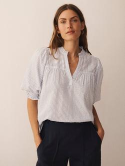NRBY Alexis Short Sleeve Striped Seersucker Cotton Top, White/Crystal Blue, White / Crystal Blue