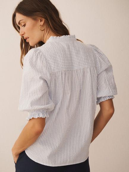 NRBY Alexis Short Sleeve Striped Seersucker Cotton Top, White/Crystal Blue - view 2, White / Crystal Blue