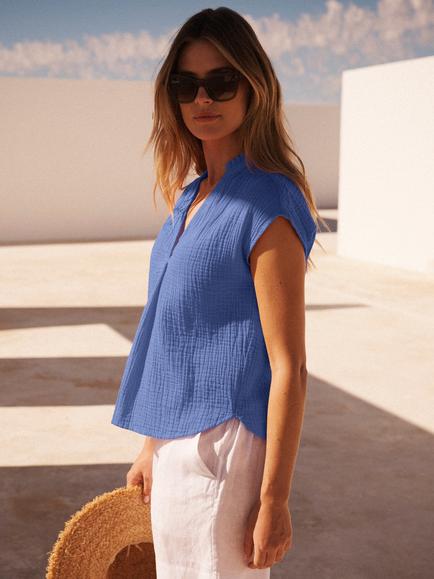 NRBY Laverne Double Cloth Cotton Top, Azure Blue - view 2, Azure Blue