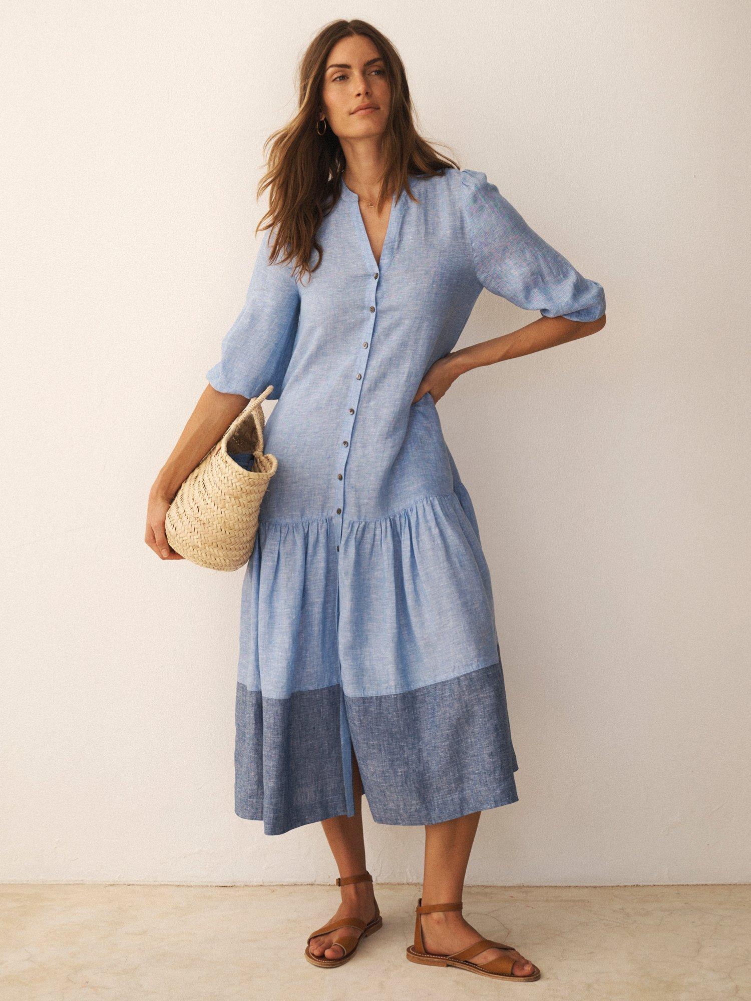 NRBY Annalee Short Sleeve Button Front Tiered Linen Midi Dress, Chambray  Blue