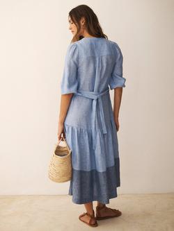 NRBY Annalee Short Sleeve Button Front Tiered Linen Midi Dress, Chambray Blue - view 2, Chambray Blue