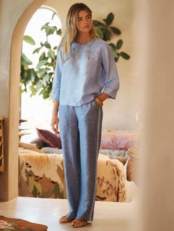 NRBY Thea Stripe Wide Leg Linen Palazzo Trousers, Dark Denim Stripe, Dark Denim Stripe