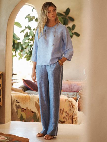 NRBY Thea Stripe Wide Leg Linen Palazzo Trousers, Dark Denim Stripe, Dark Denim Stripe
