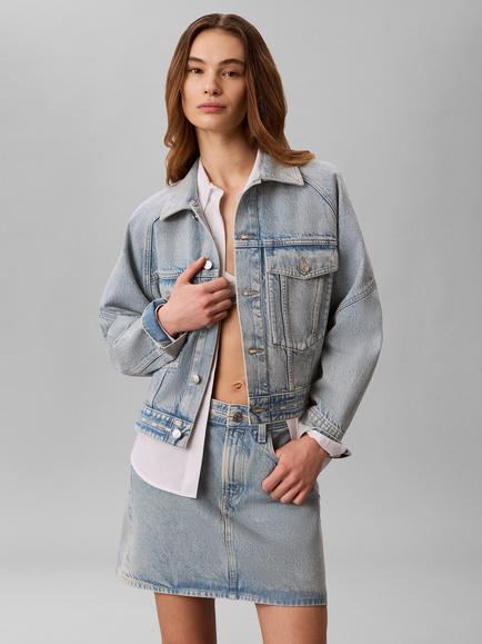 Calvin Klein Logo Tape Boxy Denim Jacket, Light Blue, Light Blue