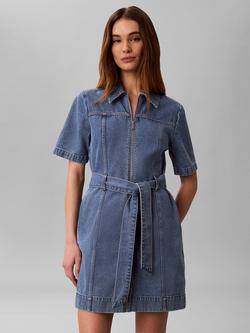 Calvin Klein Belted Zip Through Denim Dress, Blue, Blue