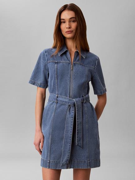 Calvin Klein Belted Zip Through Denim Dress, Blue, Blue