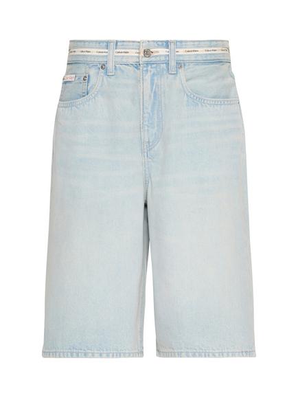 Calvin Klein Logo Tape Denim Bermuda Shorts, Light Blue, Light Blue