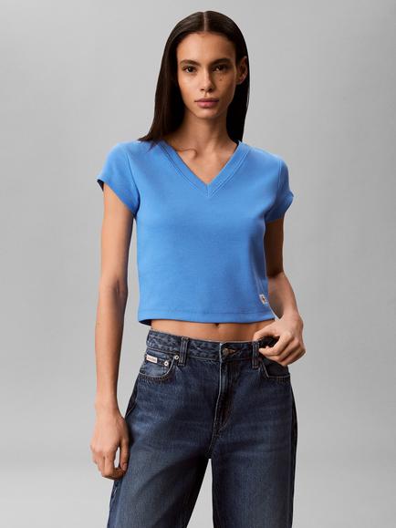 Calvin Klein V-Neck Ribbed T-Shirt, Mid Blue, Mid Blue