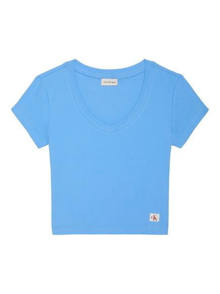 Calvin Klein V-Neck Ribbed T-Shirt, Mid Blue - view 2, Mid Blue