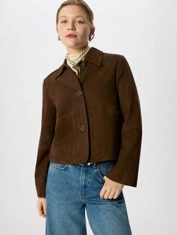 Whistles Button Cropped Suede Jacket, Chocolate, Chocolate