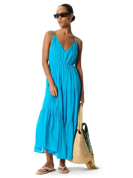 Whistles Petite Cotton Tiered V-Neck Maxi Dress, Turquoise, Turquoise