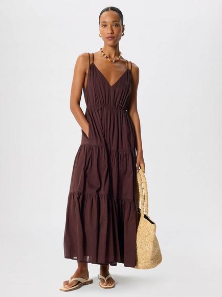 Whistles Cotton Tiered V-Neck Maxi Dress, Brown