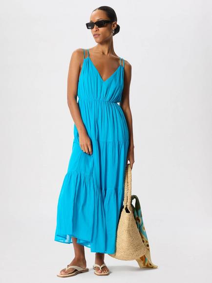 Whistles Cotton Tiered V-Neck Maxi Dress, Turquoise, Turquoise