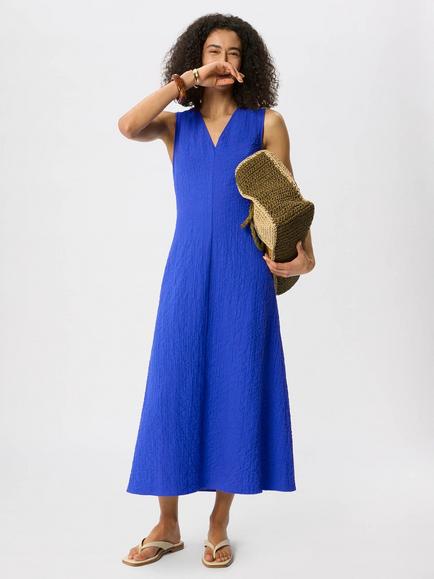 Whistles V Neck Textured Dress, Blue - view 2, Blue