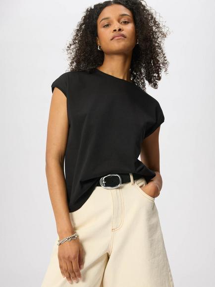 Whistles Cap Sleeve Cotton Crew-Neck T-Shirt, Black - view 2, Black