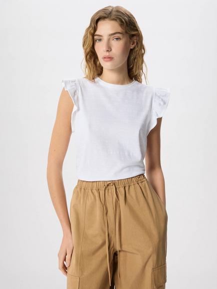 Whistles Frill Sleeve Broderie Cotton Crew Neck T-Shirt, White, White