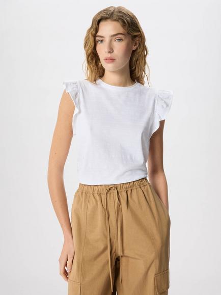 Whistles Frill Sleeve Broderie Cotton Crew Neck T-Shirt, White - view 2, White