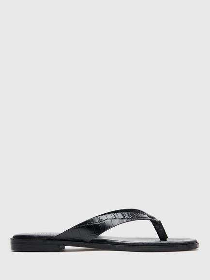 Whistles Leather Croc Embossed Flip Flops, Black