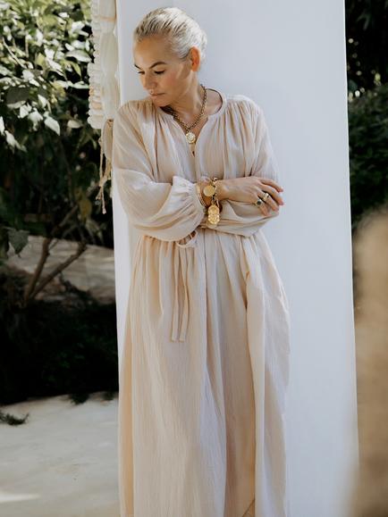 Albaray Anna Unwin Crinkle Cotton Maxi Kaftan, Cream - view 2, Cream