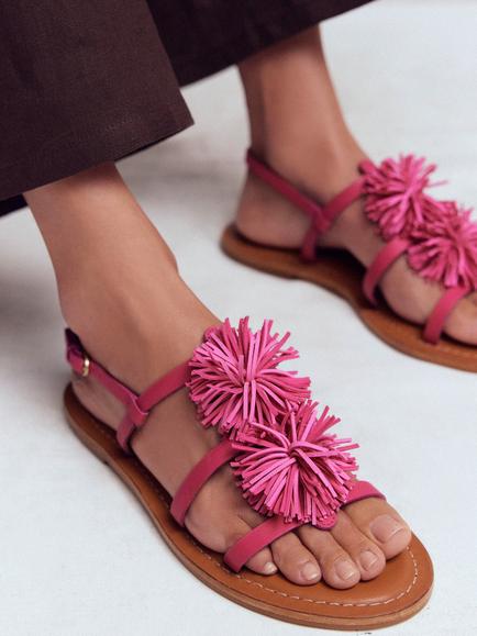 Boden Leather Pom Pom Flat Strappy Sandals, Pink - view 2, Pink