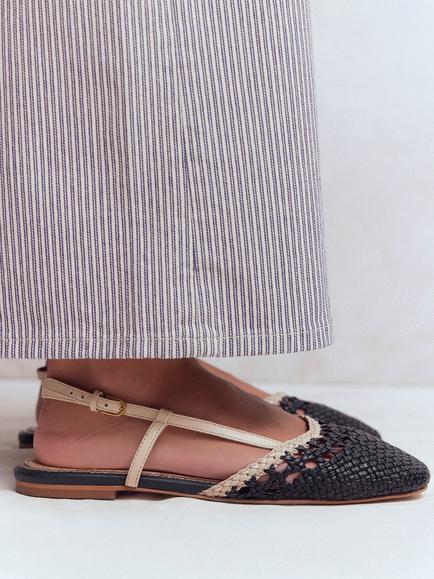 Boden Woven Leather Slingback Flats, Navy/Ivory - view 2, Navy/Ivory