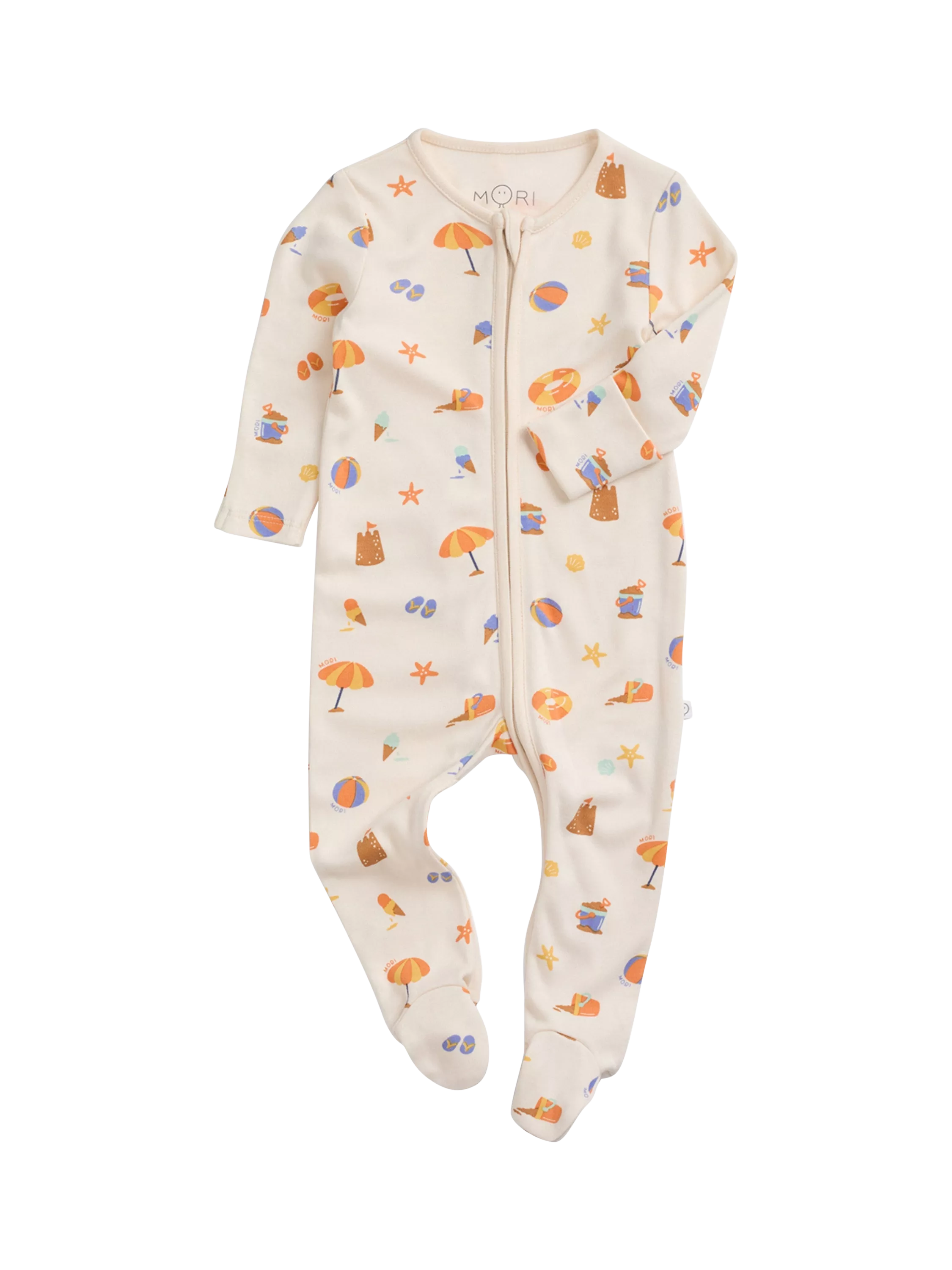 Cream baby zip sleepsuit with beach print of umbrellas, ice creams and starfish, long sleeves and feet