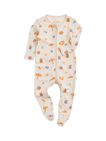 MORI Baby Beach Day Clever Zip Sleepsuit, Cream/Multi, Cream/Multi