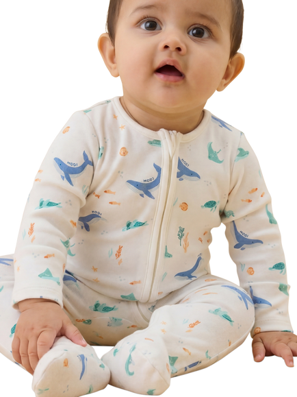MORI Baby Ocean Dreams Clever Zip Sleepsuit, Cream/Multi - view 2, Cream/Multi