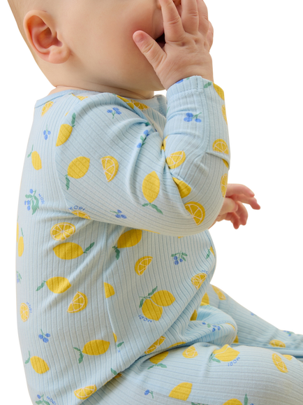 MORI Baby Lemon Lullaby Ribbed Clever Zip Sleepsuit, Blue/Multi - view 2, Blue/Multi