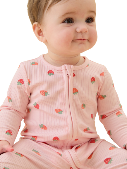 MORI Baby Strawberry Fields Ribbed Clever Zip Sleepsuit, Pink/Multi - view 2, Pink/Multi