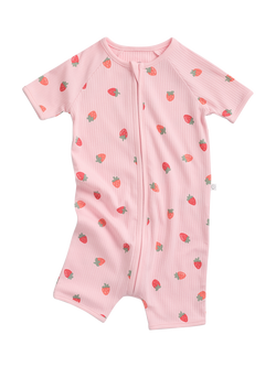 MORI Baby Strawberry Fields Ribbed Summer Sleepsuit, Pink/Multi, Pink/Multi