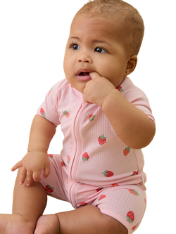 MORI Baby Strawberry Fields Ribbed Summer Sleepsuit, Pink/Multi - view 2, Pink/Multi