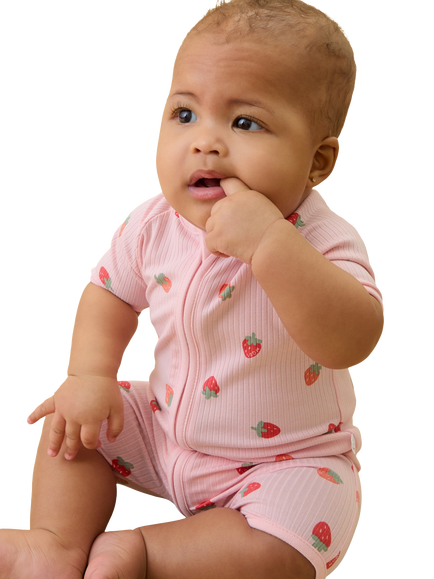 MORI Baby Strawberry Fields Ribbed Summer Sleepsuit, Pink/Multi - view 2, Pink/Multi
