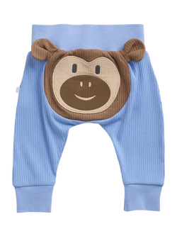 MORI Baby Ribbed Monkey Applique Trousers, Blue/Brown, Blue/Brown