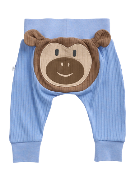 MORI Baby Ribbed Monkey Applique Trousers, Blue/Brown, Blue/Brown
