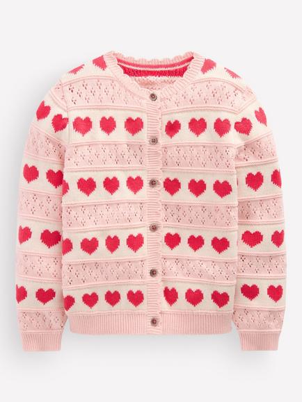 Mini Boden Kids' Knitted Scallop Heart Cardigan, Chalk Pink, Chalk Pink