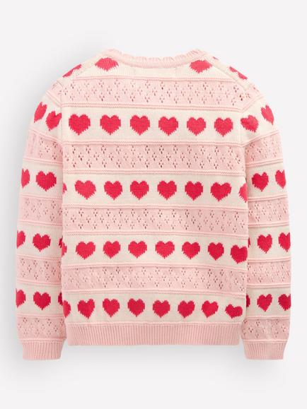 Mini Boden Kids' Knitted Scallop Heart Cardigan, Chalk Pink - view 2, Chalk Pink