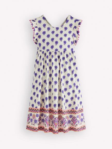 Mini Boden Kids' Floral Flutter Sleeve Bow Back Dress, Multi Woodblock, Multi Woodblock