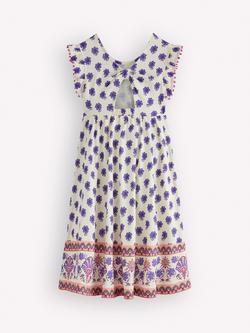 Mini Boden Kids' Floral Flutter Sleeve Bow Back Dress, Multi Woodblock - view 2, Multi Woodblock