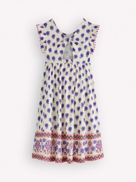 Mini Boden Kids' Floral Flutter Sleeve Bow Back Dress, Multi Woodblock - view 2, Multi Woodblock