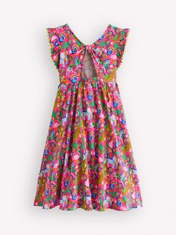 Mini Boden Kids' Printed Flutter Sleeve Bow Back Dress, Pink Jungle Animals - view 2, Pink Jungle Animals