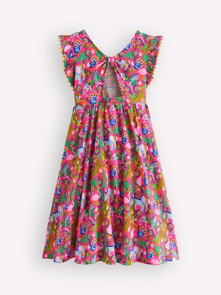 Mini Boden Kids' Printed Flutter Sleeve Bow Back Dress, Pink Jungle Animals - view 2, Pink Jungle Animals