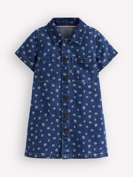 Mini Boden Kids' Short Sleeve Denim Shirt Dress, Blue Ditsy Floral, Blue Ditsy Floral