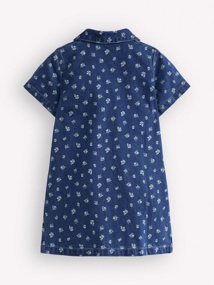 Mini Boden Kids' Short Sleeve Denim Shirt Dress, Blue Ditsy Floral - view 2, Blue Ditsy Floral