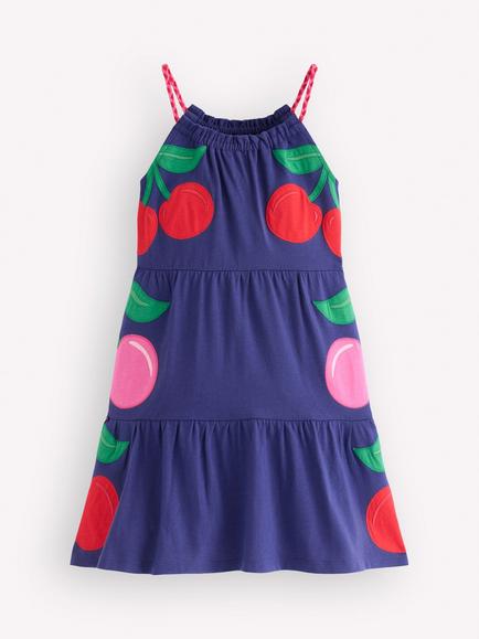 Mini Boden Kids' Enola Cotton Appliqué Tiered Dress, Blue Giant Cherries, Blue Giant Cherries